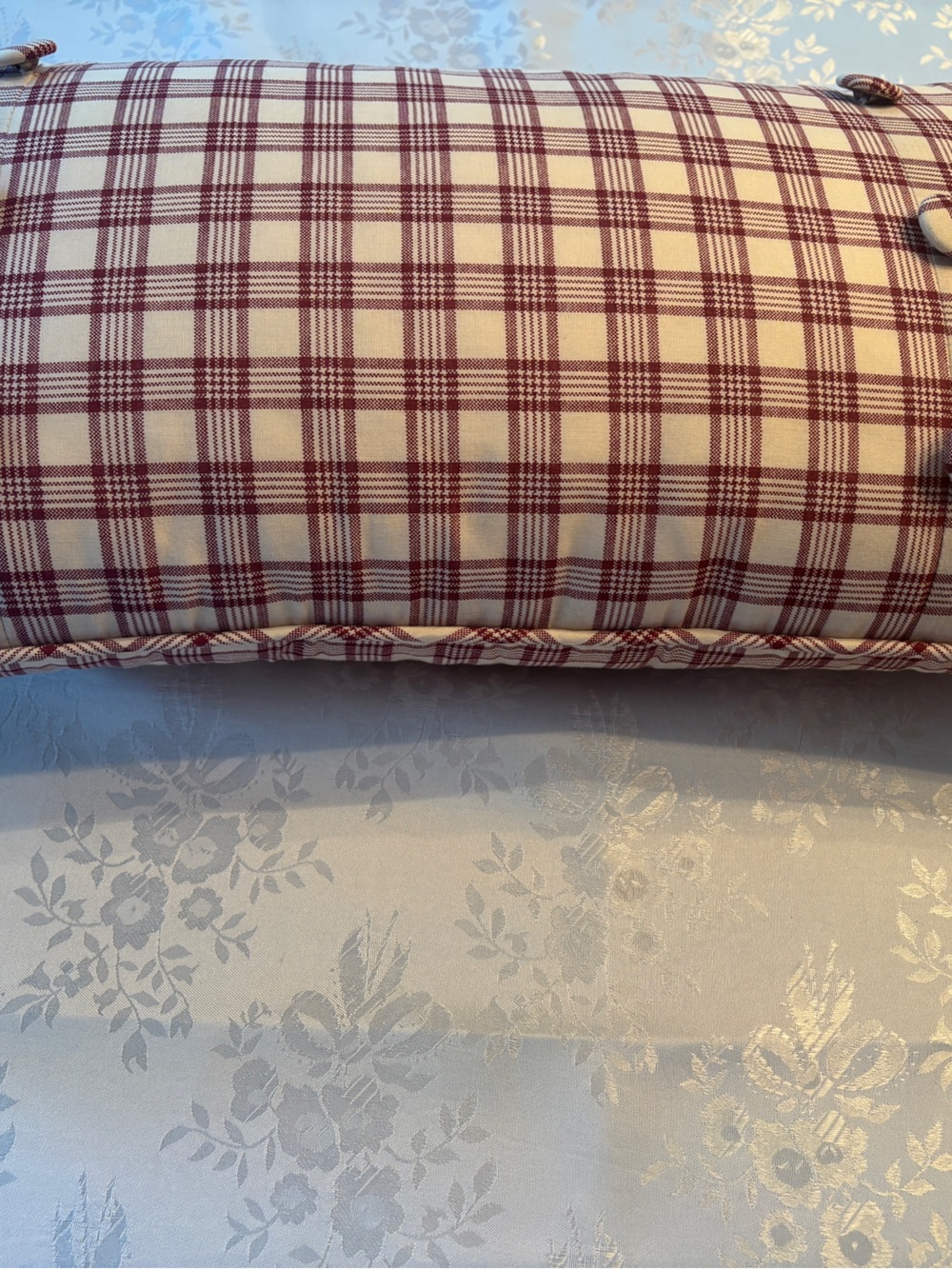 Waverly Lumbar Rectangle Pillow Burgandy Cream Plaid 22” x 11” With Buttons